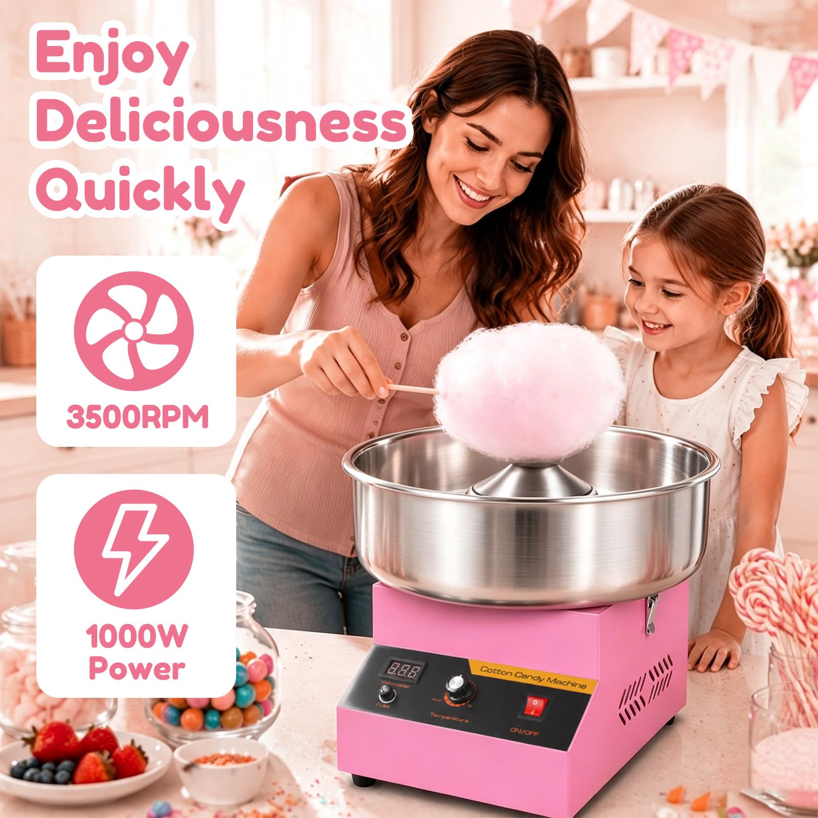 Máquina profesional de algodón de azúcar de 1000 W, ideal para postres comerciales, perfecta para cumpleaños, fiestas, salones, mercados y actividades familiares. Rosa.