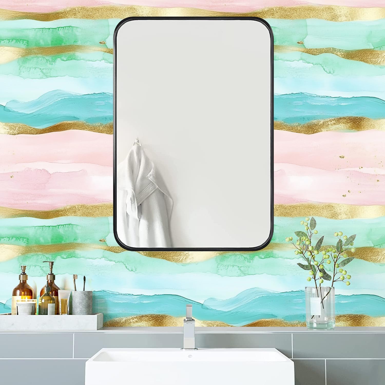 HAOKHOME Bathroom Wallpaper Peel and Stick Coastal Wave Beach Stripe Wall Paper Pink/Blue/Gold Removable Contact Paper 17.3in x 9.8ft