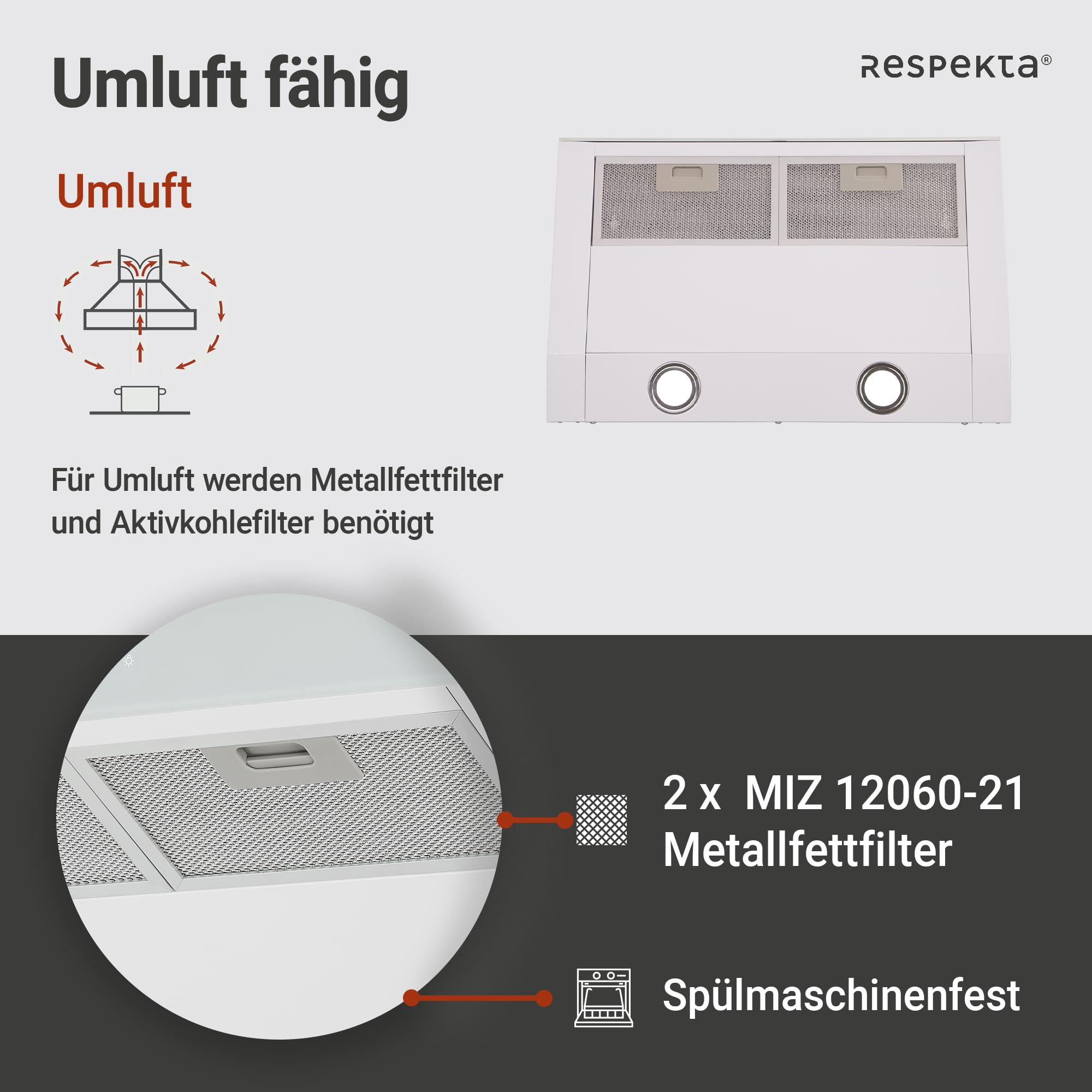 Cappa Aspirante Sottotop Respekta 60cm - Bianco, Ricircolo Aria, LED, Classe A+ - Foto 8