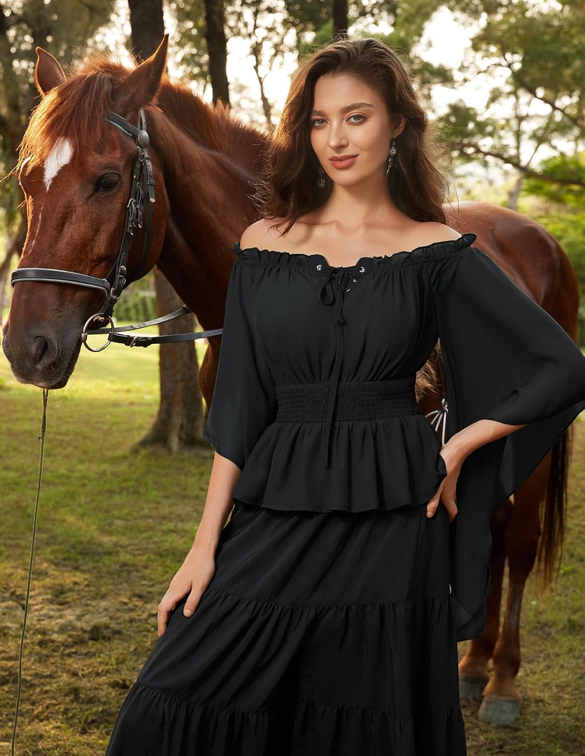 Scarlet Darkness Women Renaissance Shirt Off Shoulder Bell Sleeve Smocked Waist Tops Blouse - Image 2