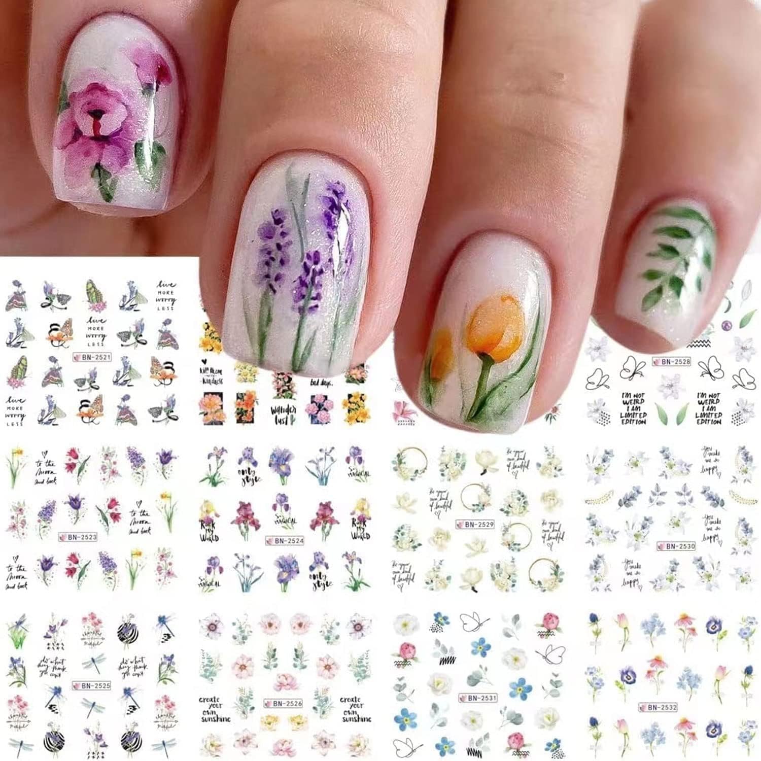 Flowers Nail Art Stickers Spring Summer Nail Water Decals Transfer Foil Lavender Tulip Rose Butterfly Letter Watercolor Flower Leaf Nail Design Sticker Manicure DIY Decoration for Women 12PCS
