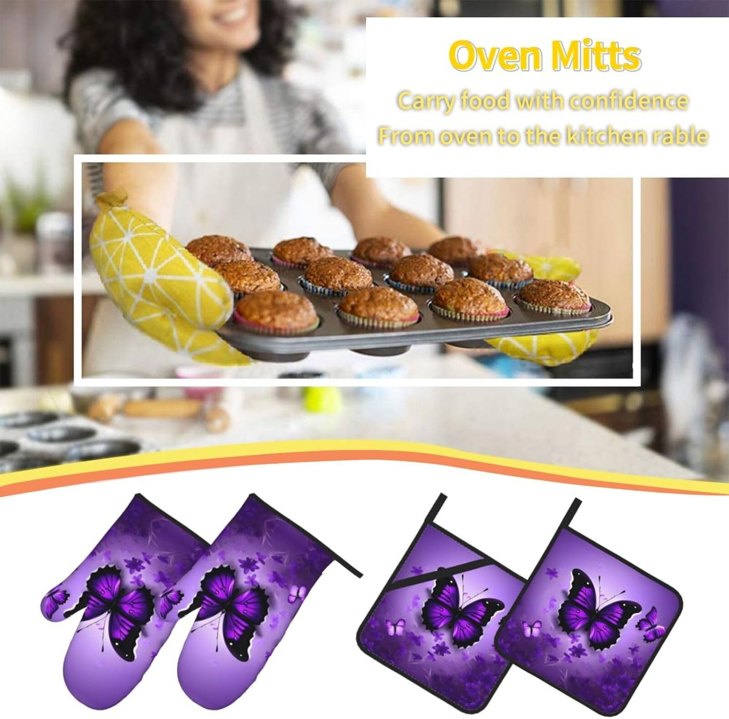 Lovely Purple Butterflys Oven Mitts and Pot Holder 4-Piece Set,for Cooking Barbecue, Pot Lid, Microwave,Heat-Resisting