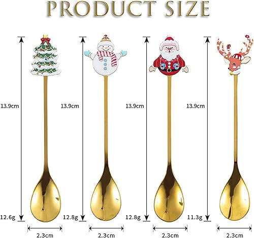 Miniatura 2 de GLKTOPO 4 cucharas de café de Navidad, cuchara agitadora de acero inoxidable para decoración de vajilla de Navidad, Papá Noel, alce, muñeco de