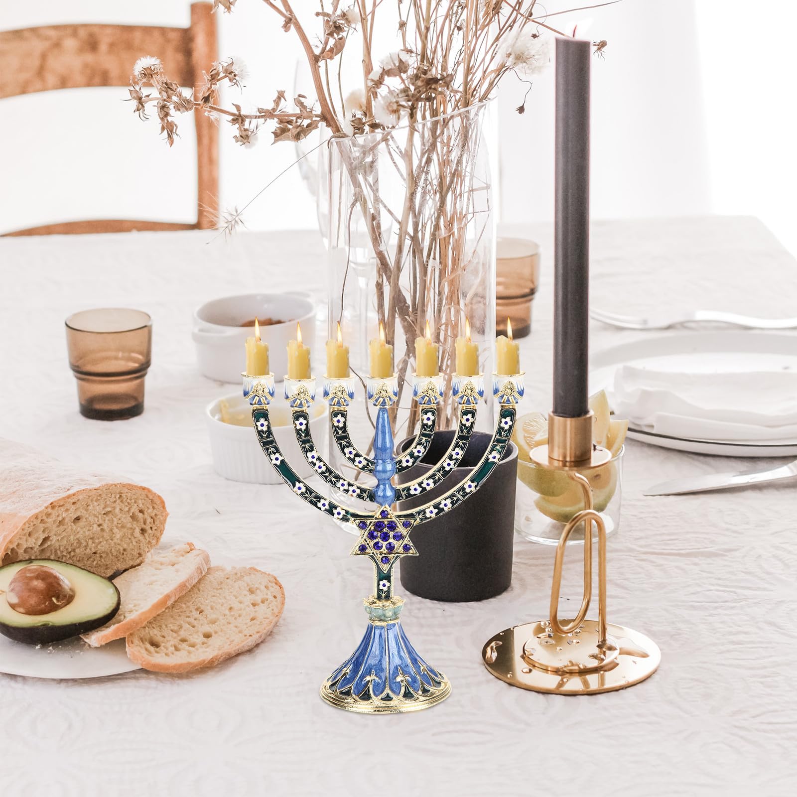 Candelabro Judío de 7 Brazos de Aleación Azul, Estilo Vintage