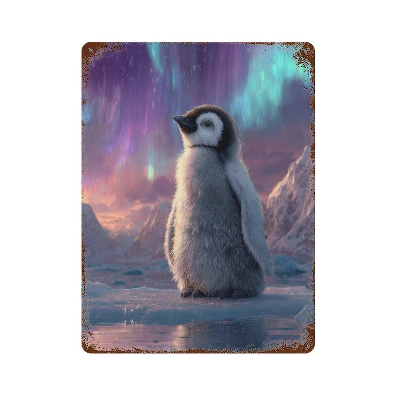 Penguin Aurora Borealis Ice Vintage Wall Sign 15.7"x11.8", Rust Effect Metal Decor for Office, Studio And Wall Decor