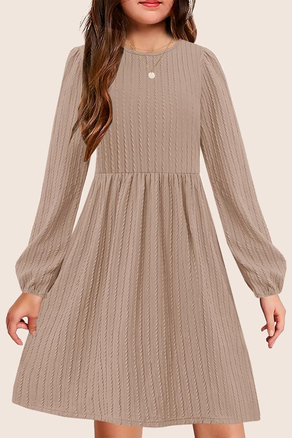 YOVION Girls Knit Dress Crew Neck Long Sleeve Plain A-Line Fall Casual Dresses with Pockets for 6-12 Y - Image 2