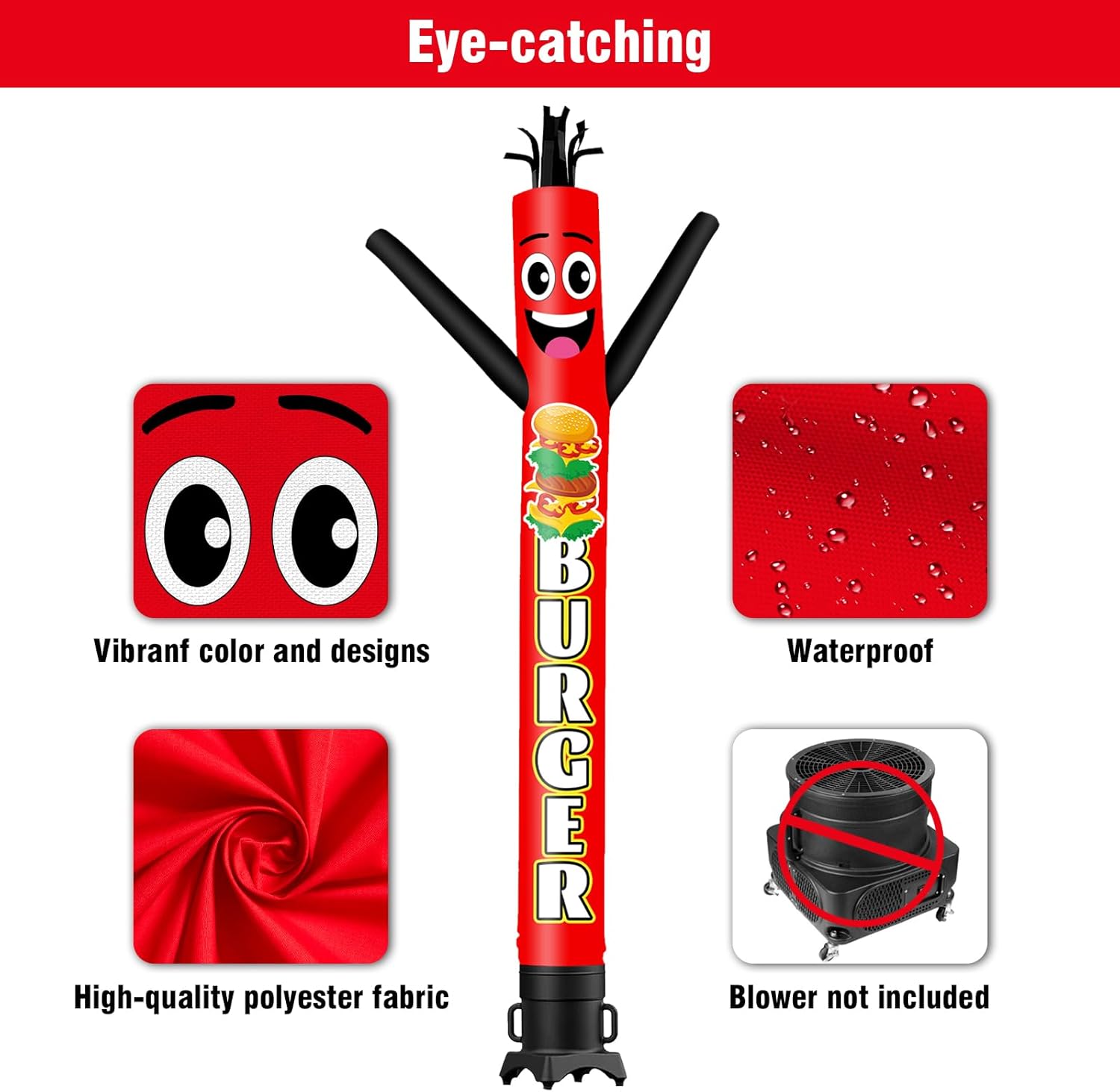 10FT Tall Inflatable Tube Man Burger Wacky Wavy Dancing Guy (12''Diameter) for Outdoor Decoration Advertising Business Promotion (Blower Not Included)