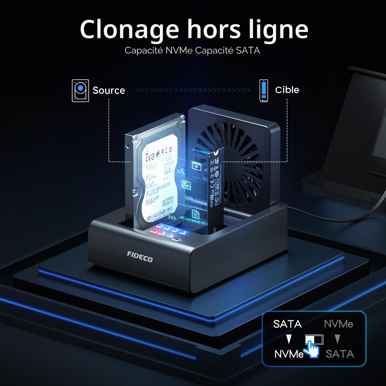 FIDECO Lecteur Disque Dur Externe, Adaptateur Dock Disque Dur USB C 10Gbps M.2 NVMe SSD/SATA HDD 5Gbps avec Clonage Hors Ligne Bidirectionnel, Lecteur de Disque avec Ventilateur Rabattable