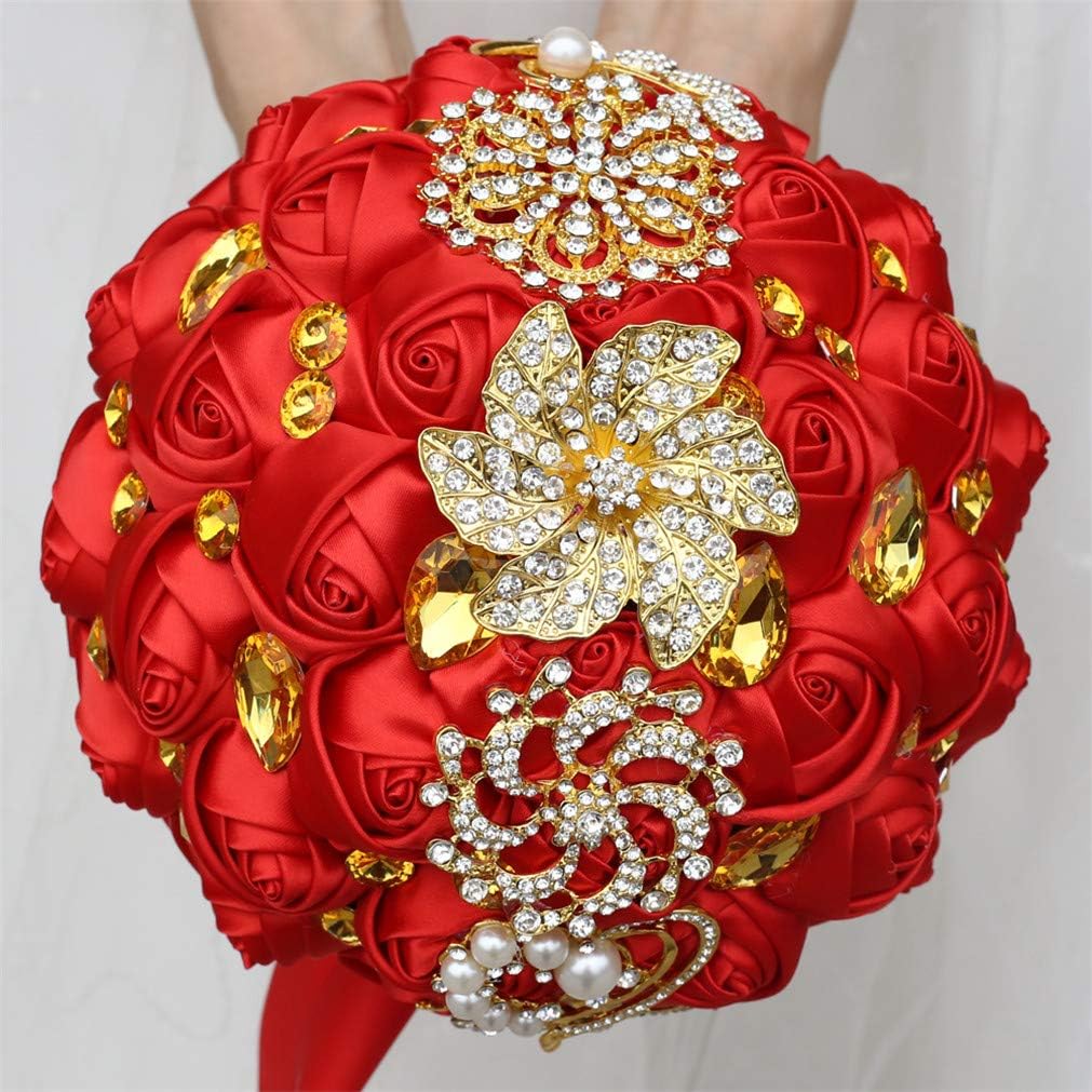 Customization Satin Rose Wedding Bouquet Gold Brooch Crystal Rhinestone Bride Bouquet Wedding Flowers, Red