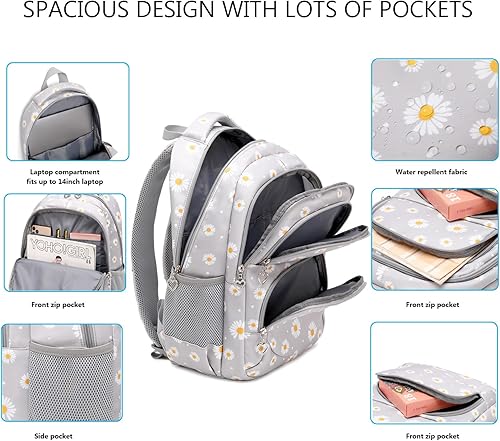 Miniatura 5 de ZHIERNA Mochilas impresas de margaritas para niñas con lonchera y estuche para lápices, juego de 3 piezas, bolsas ligeras para libros elementales