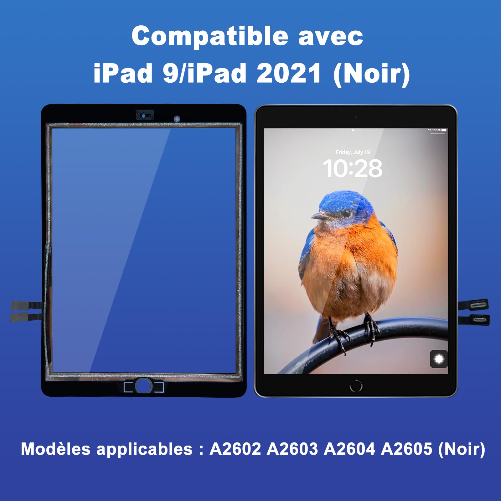 NB+ Écran Tactile pour iPad 9ème Génération 10.2” Écran de Remplacement 2021 Digitizer Adhésif Pré-installé,No Home Button(modèle:A2602 A2603 A2604 A2605 (Noir)