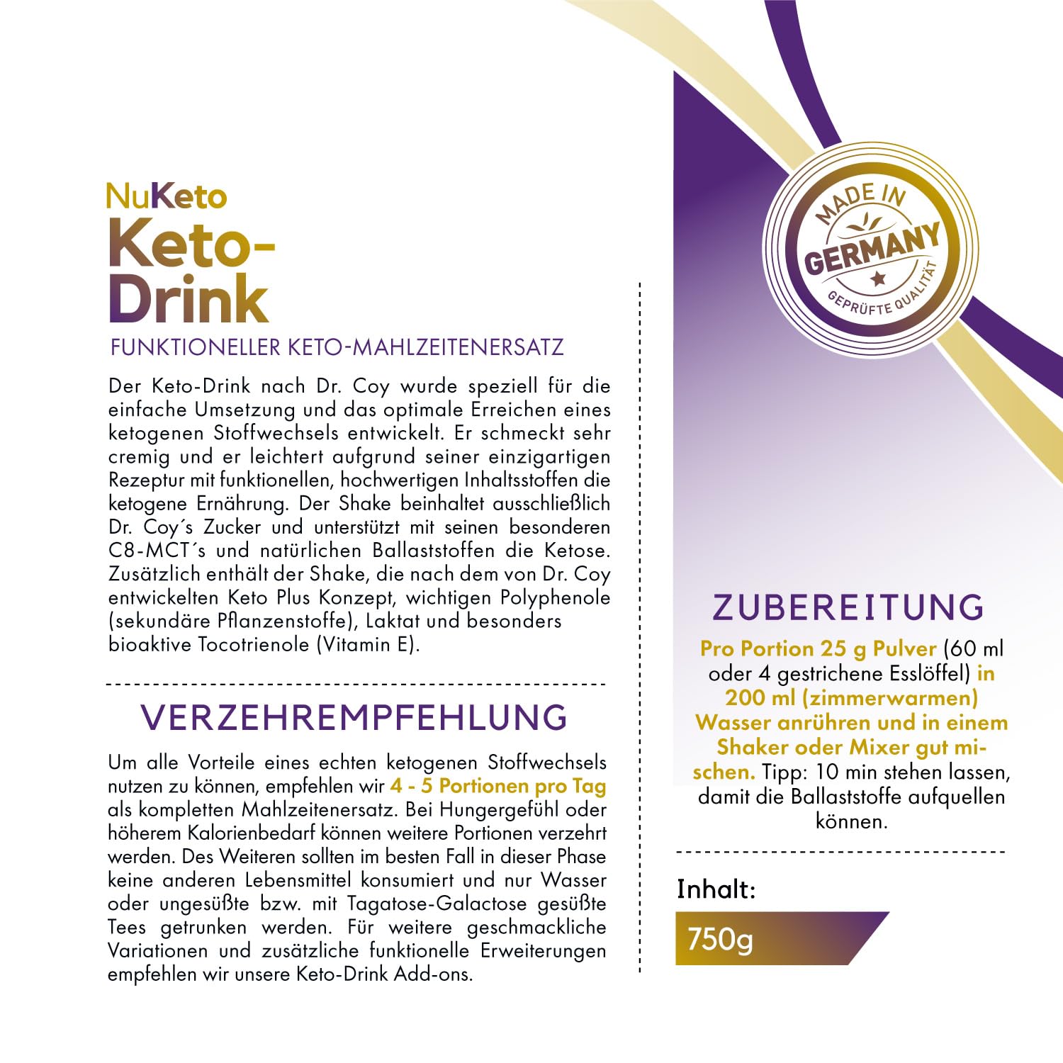 NuPrevento Keto Drink - ketogener Mahlzeitenersatz - Keton Getränk - 750g Dose