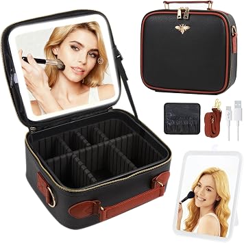 Travel Makeup Bag with Light Up Mirror, Portable Makeup Bag with Led Light Women Waterproof Makeup Travel Case adjustable dividers Rechargeable Vanity Mirror with 3 Color Lights Black