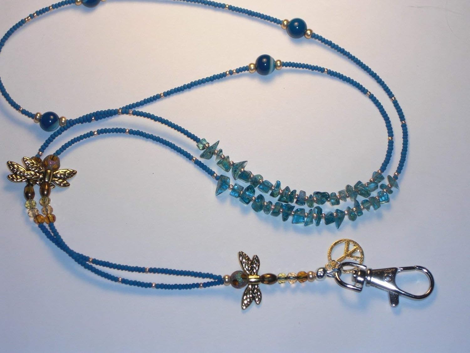 Dragonfly Lanyard Blue Hand Beaded ID Badge Holder Key Chain Necklace 36 inches