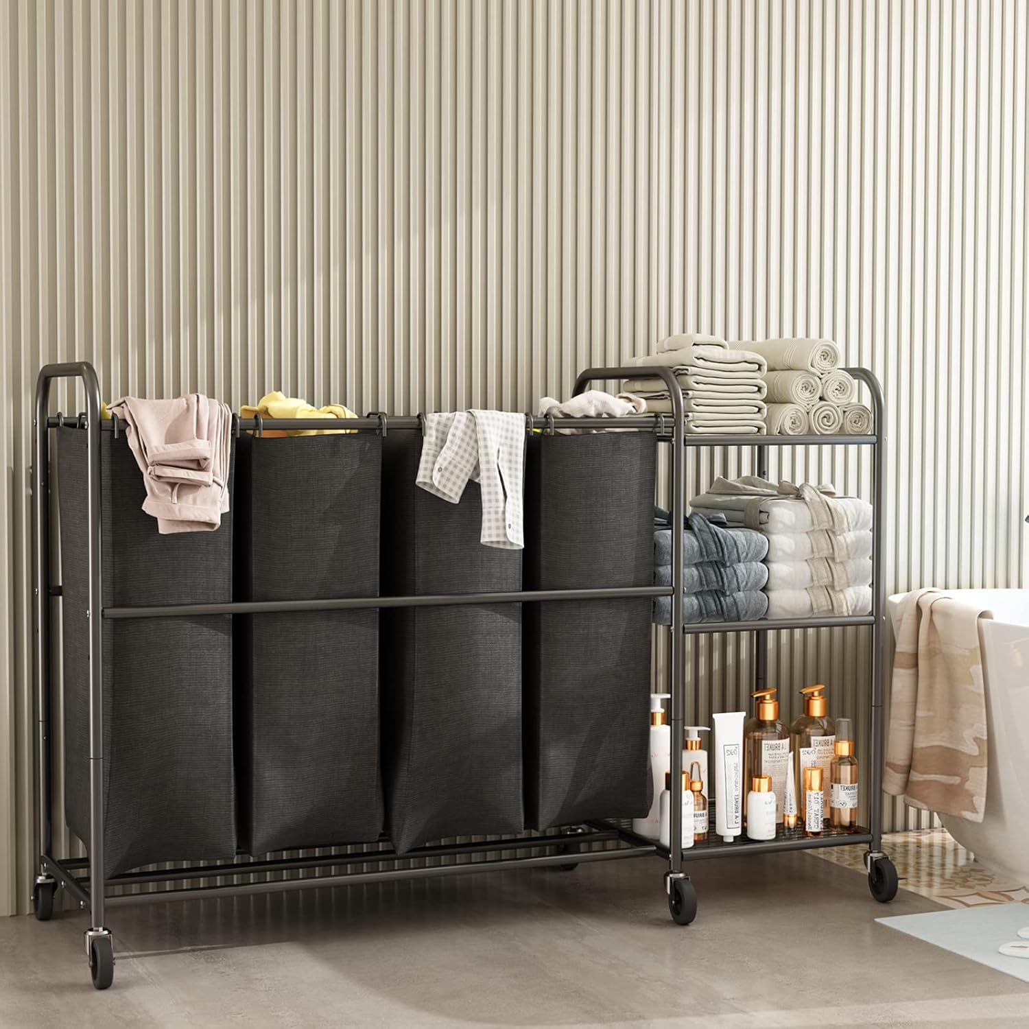 Wisdom Star 4 Bag Laundry Sorter Cart with Storage Shelf