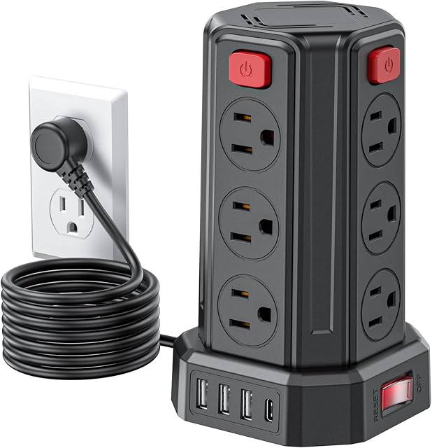 SMALLRT Tower Power Bar with Surge Protector, 6.5 Ft Extension Cord Indoor with USB C, Power Strip with 12 Multiple Outlet, Desk Outlet Extender with 4 USB Ports for Dorm Home Office Essentials, Black