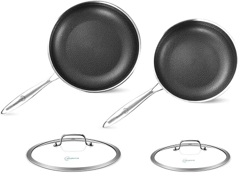 LOLYKITCH 10 12 Inch Nonstick Frying Pan Set with Lids | PFOA Free | Hybrid Stainless Steel Skillet | Non-Toxic | Stay-Cool Detachable Handle | Dishwasher and Oven Safe | Induction Ready