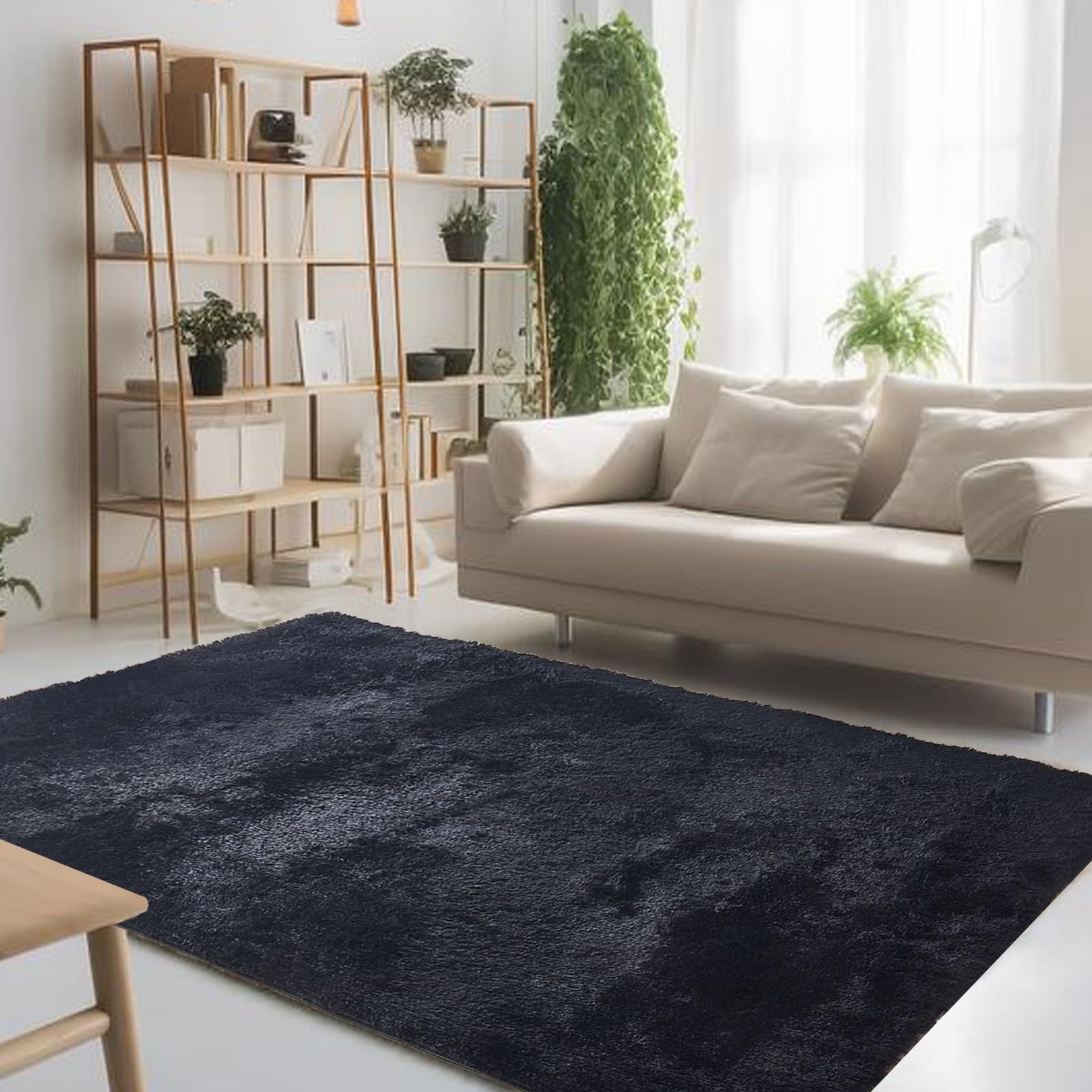 Tapis à poils longs antidérapant rectangulaire pour chambre à coucher, salon, décoration d'intérieur, doux, confortable, design moderne, facile à nettoyer - 170 x 250 cm - Noir