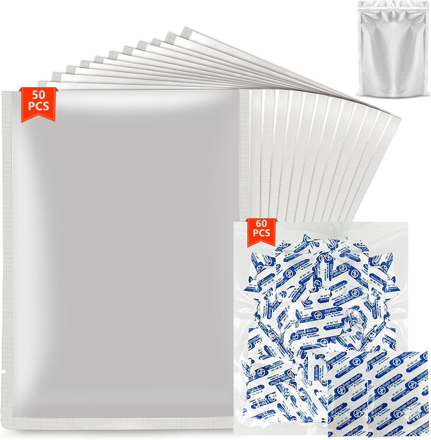 50 Pack 1 Quart Mylar Bags for Food Storage with Oxygen