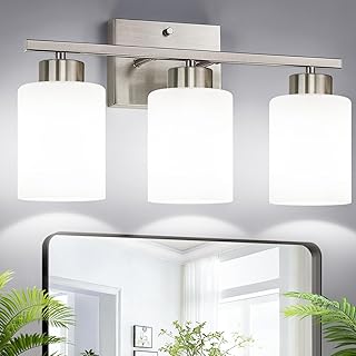 Brushed Nickel Bathroom Light Fixtures with Milk Glass Shades, Eye-Friendly 3 Light Vanity Lights