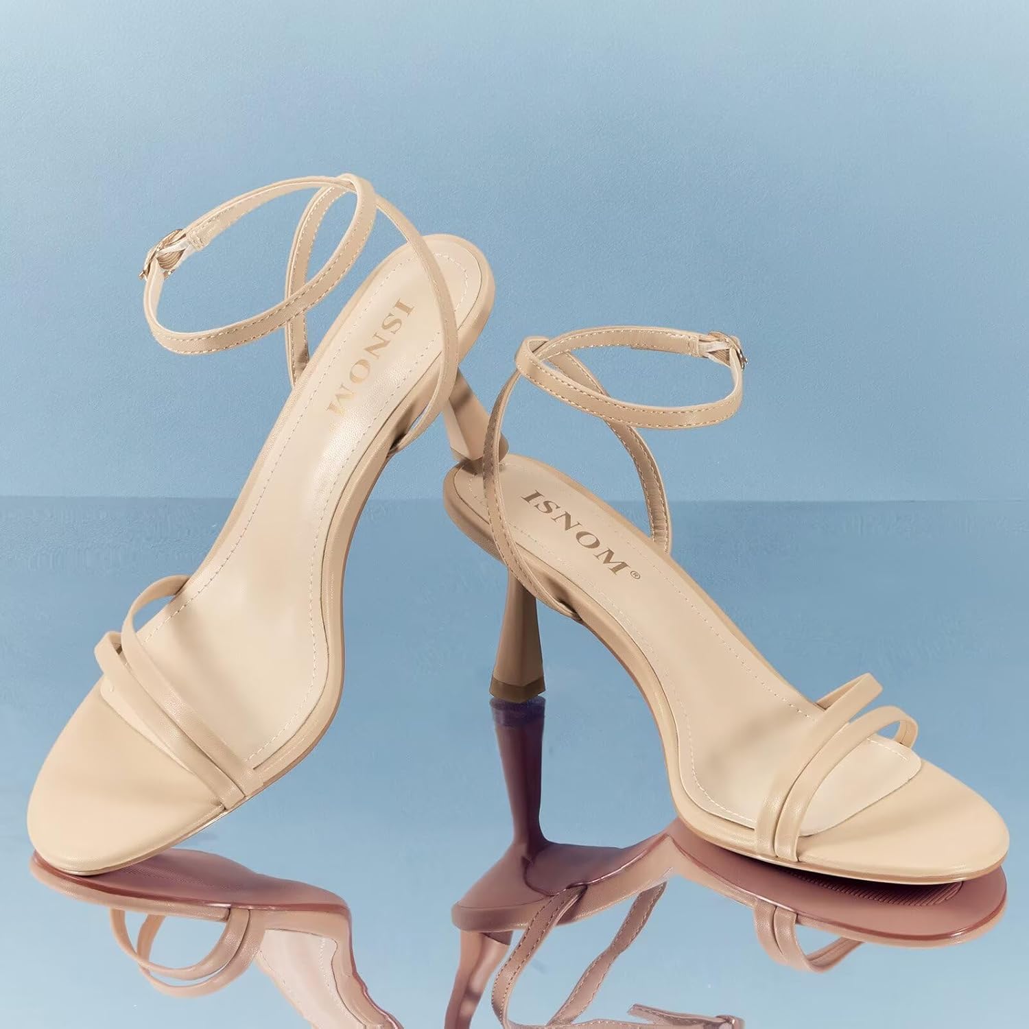 ISNOM Womens Sandals Round Toe Low Heels Strappy Ankle Strap Kitten Heel Comfort Dress Party Shoes - Image 3