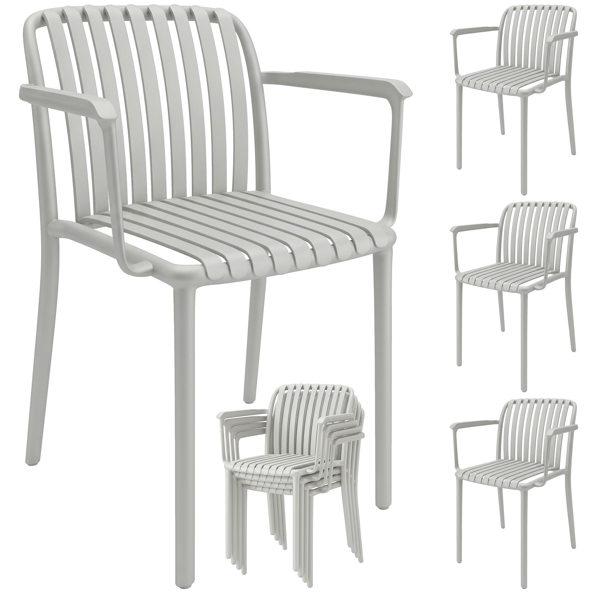 Outsunny Set 4 Sedie da Giardino Impilabili Anti UV con Braccioli Grigio | Polipropilene, Sedie per Pranzo da Esterno, Design a Doghe, per Patio Balcone Terrazza Esterno Interno