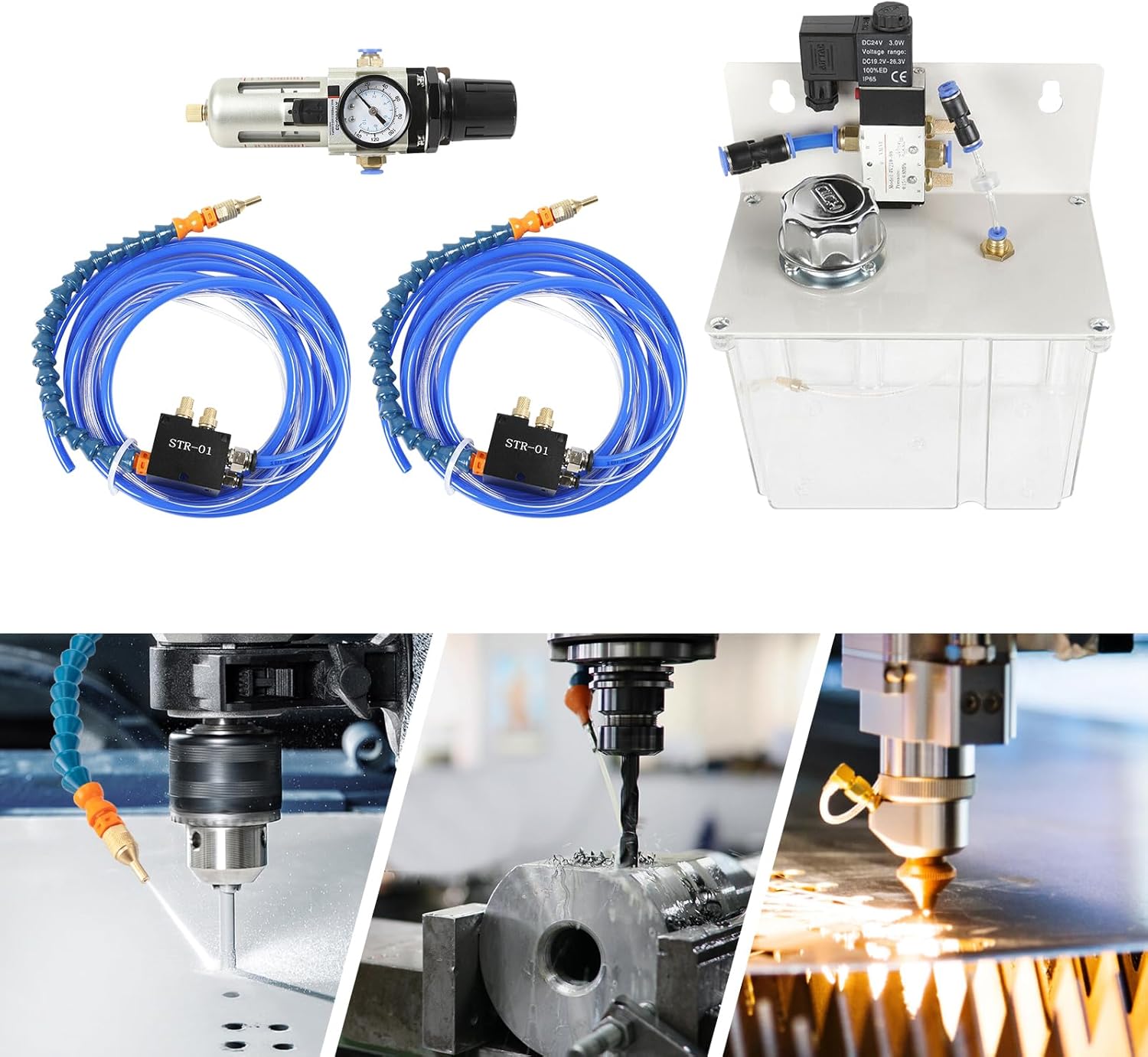 Cutting Misting Spray System with Pump Solenoid Valve Filter Coolant Cooling Mist Sprayer Coolant Lubrication Spraying System for CNC Lathe Metal Cutting Milling Drilling