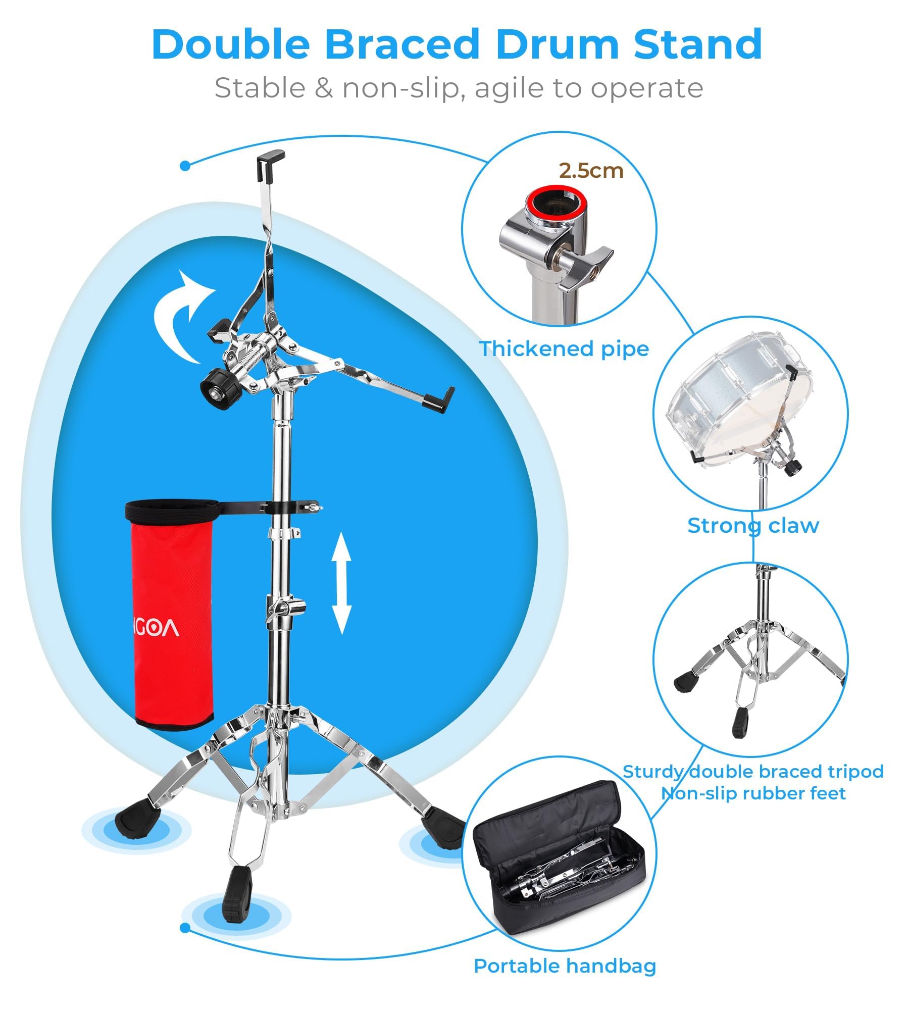 Vangoa Ensemble de caisse claire,Caisse claire de 14 pouces avec support percussion instrument,caisse claire de marche pour étudiants,adulte,débutants,noir