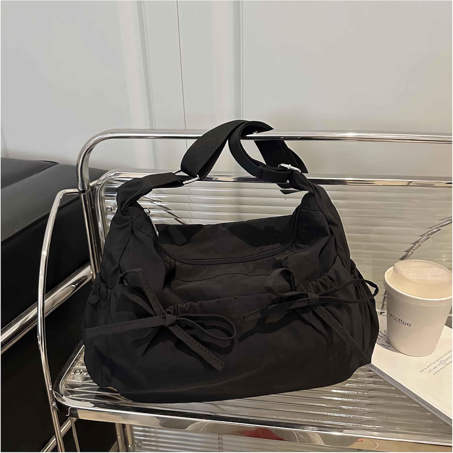 black bow coquette purse bag for women, multi pocket nylon crossbody bags, cute y2k kawaii large shoulder bag, college aesthetic trendy everyday purse - Image 7