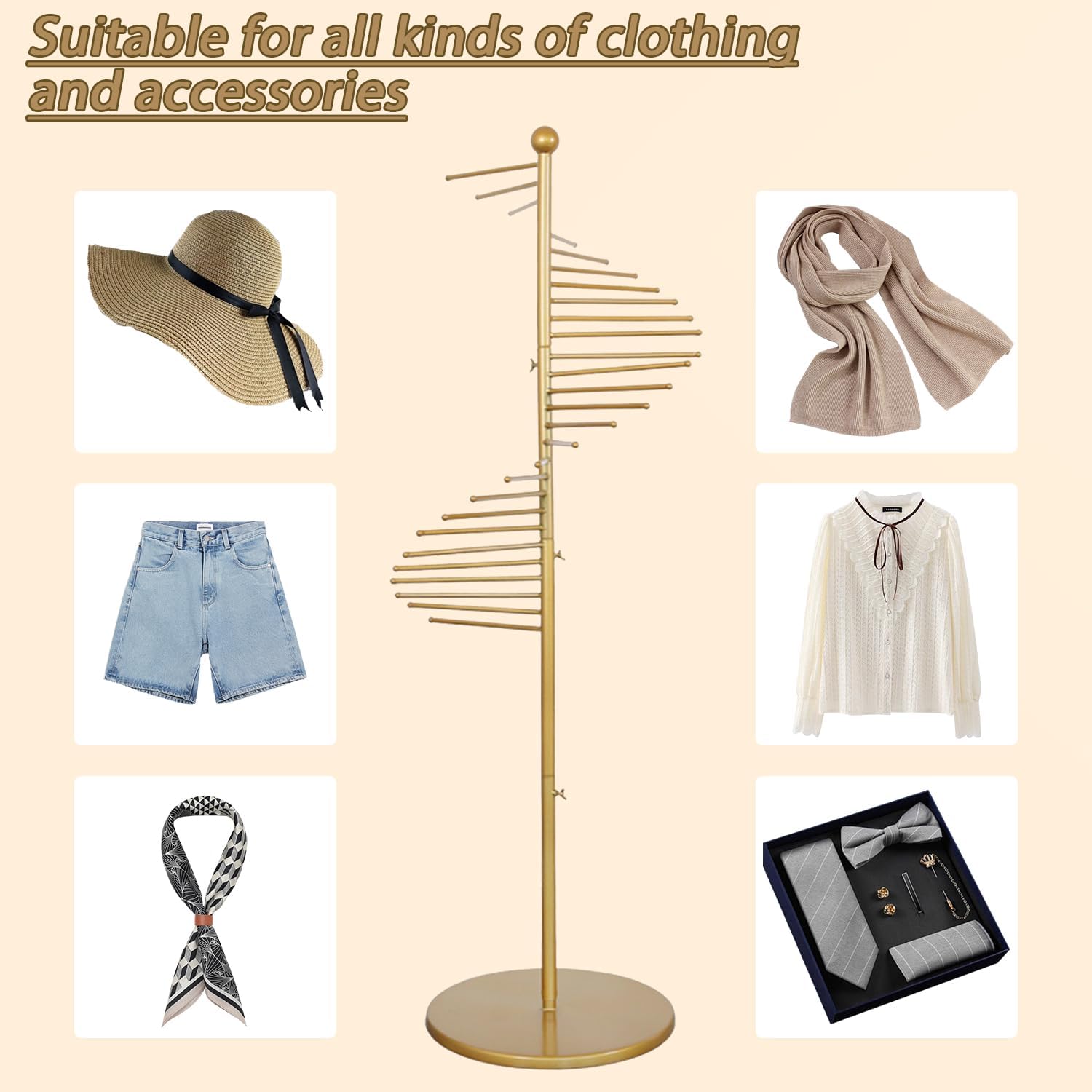 Floor Standing Pivoting Scarf Hanger, Metal Scarf Rack Stand Organizer with Stable Base, Freestanding Spiral Towel Display, for Home, Bedrooms, Cloakroom, Boutique Clothing Store