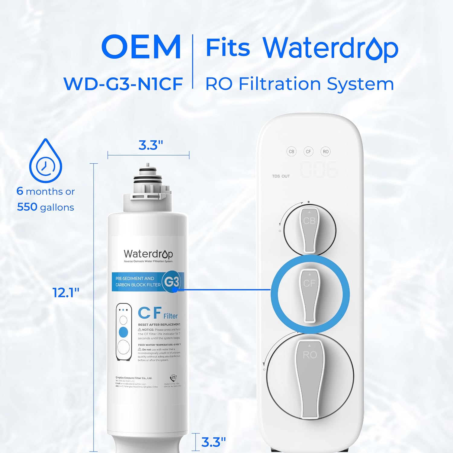 Waterdrop G3-CFCBRO Filter, Replacement for Waterdrop G3-W 400 GPD Reverse Osmosis System, Pack of 1 G3-N1CF, 1 G3-N3CB, and 1 G3-N2RO Set Filter