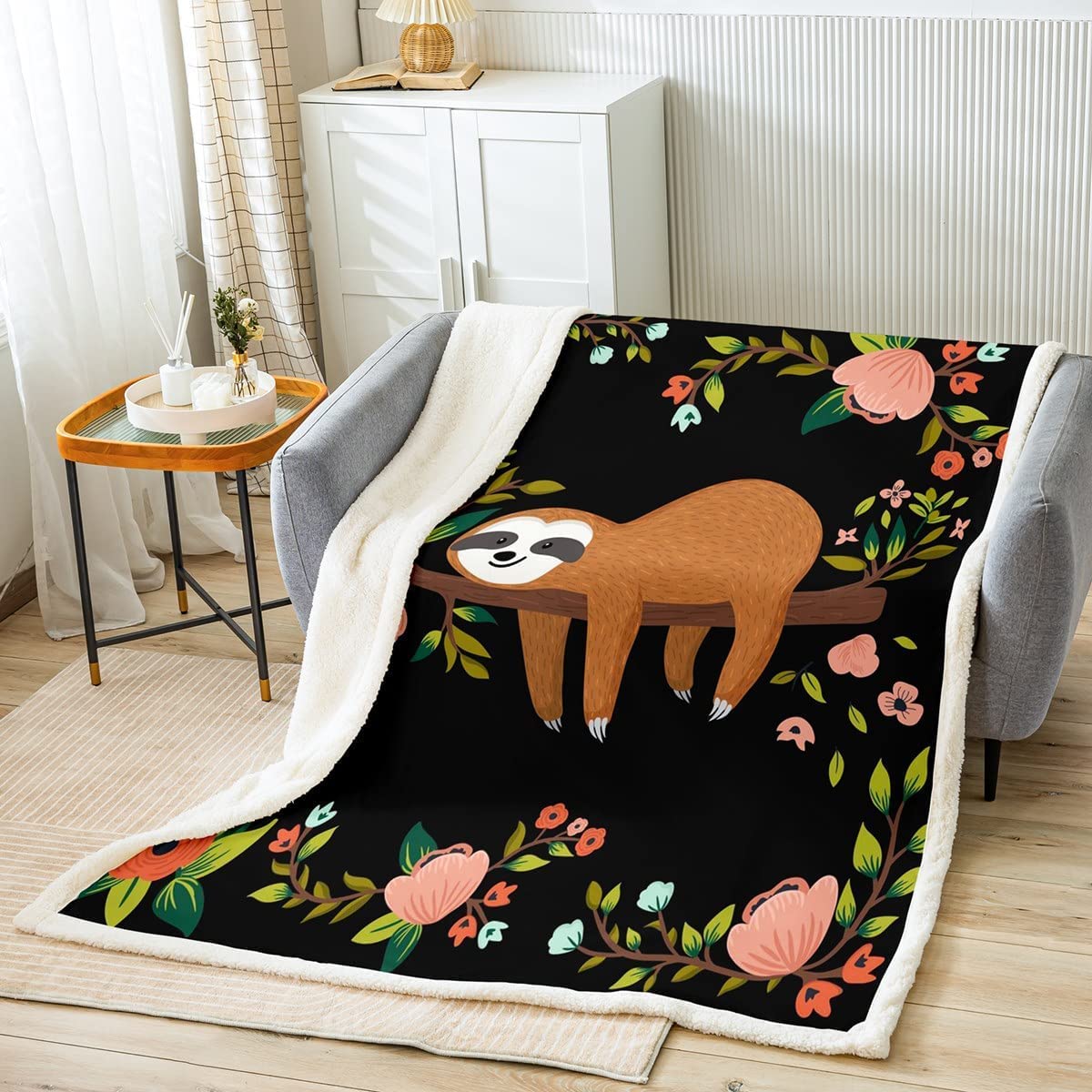 Homewish Kawaii Faultier Überwurfdecke süßes Blumentier Bettdecke schönes Tier Plüschdecke AST Schwarz Braun Fuzzy-Decke Cartoon-Tier Schlafzimmerdekoration, 150 x 200