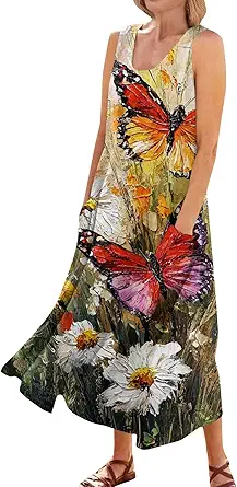 Plus Size Cotton Linen Summer Dresses for Curvy Women 2025 Sleeveless Maxi Vacation Beach Sundresses with Pockets