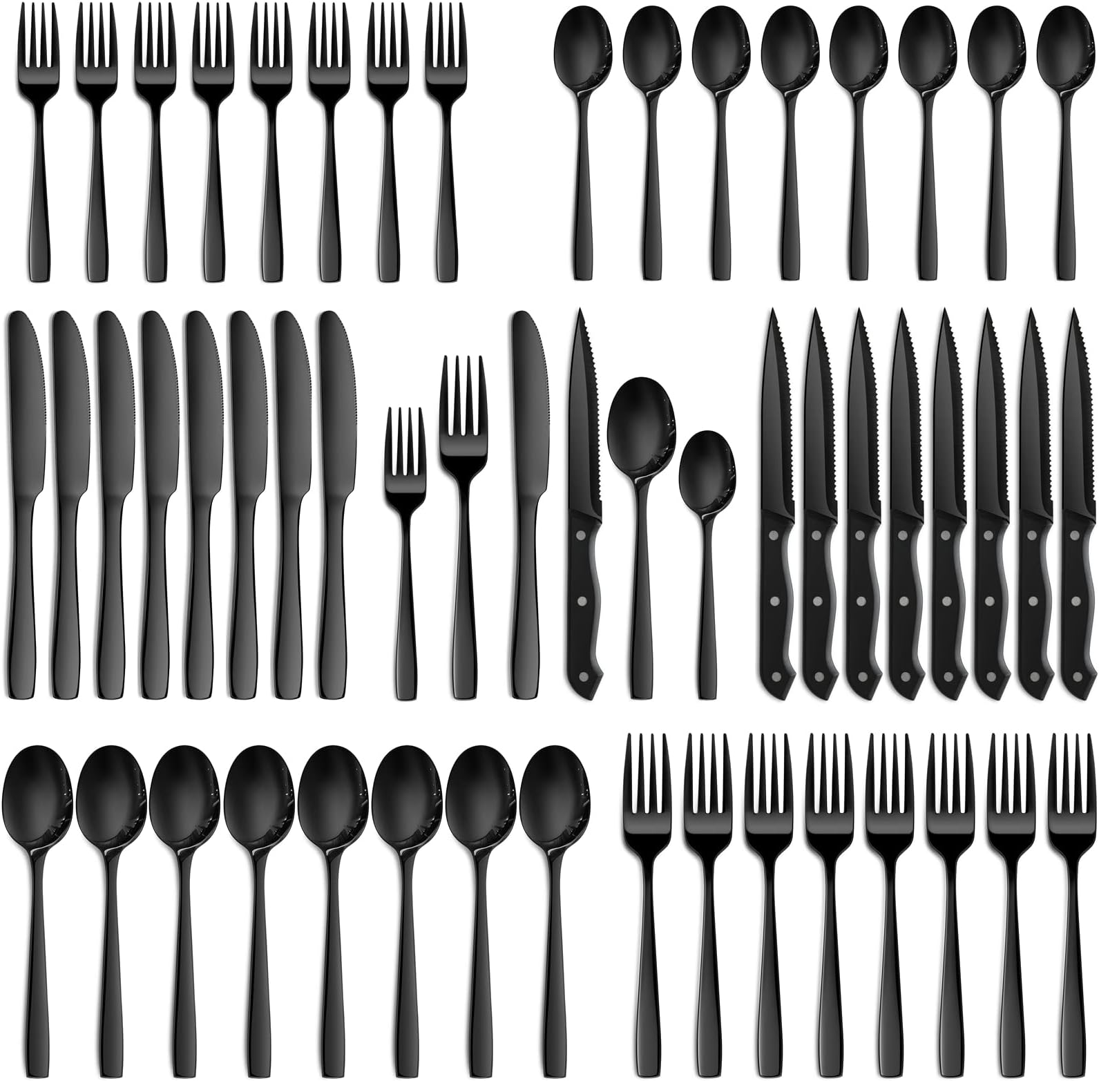 NETANY 48 Pieces Black Silverware Set, Black Flatware Set with Steak Knives, Food-Grade Stainless Steel Cutlery Set for 8, Tableware Eating Utensils, Dishwasher Safe