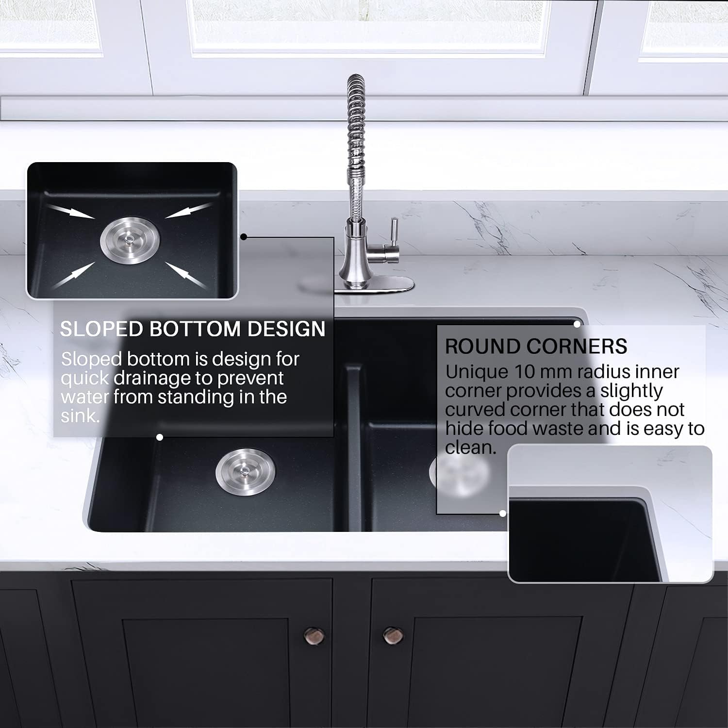 Best Deal Product Black Kitchen Sink - Enbol 31x18 Granite Composite Undermount Kitchen Sink Double Bowl 10 Deep Sink GDS-3118-B Best Deal Cheap 🛒 Black Kitchen Sink - Enbol 31x18 Granite Composite Undermount Kitchen Sink Double Bowl 10 Deep Sink GDS-3118-B