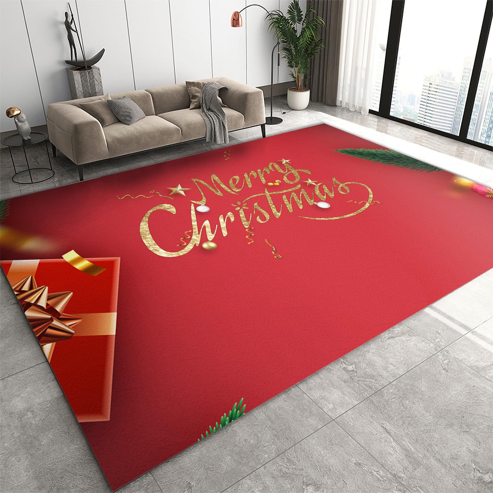 Area Rug 160x200cm Christmas Red, Merry Christmas Bedroom Rug, Xmas Decor Accent Machine Washable Foldable Non-Slip Low Pile Easy Care for Guest Room Hardwood Floors