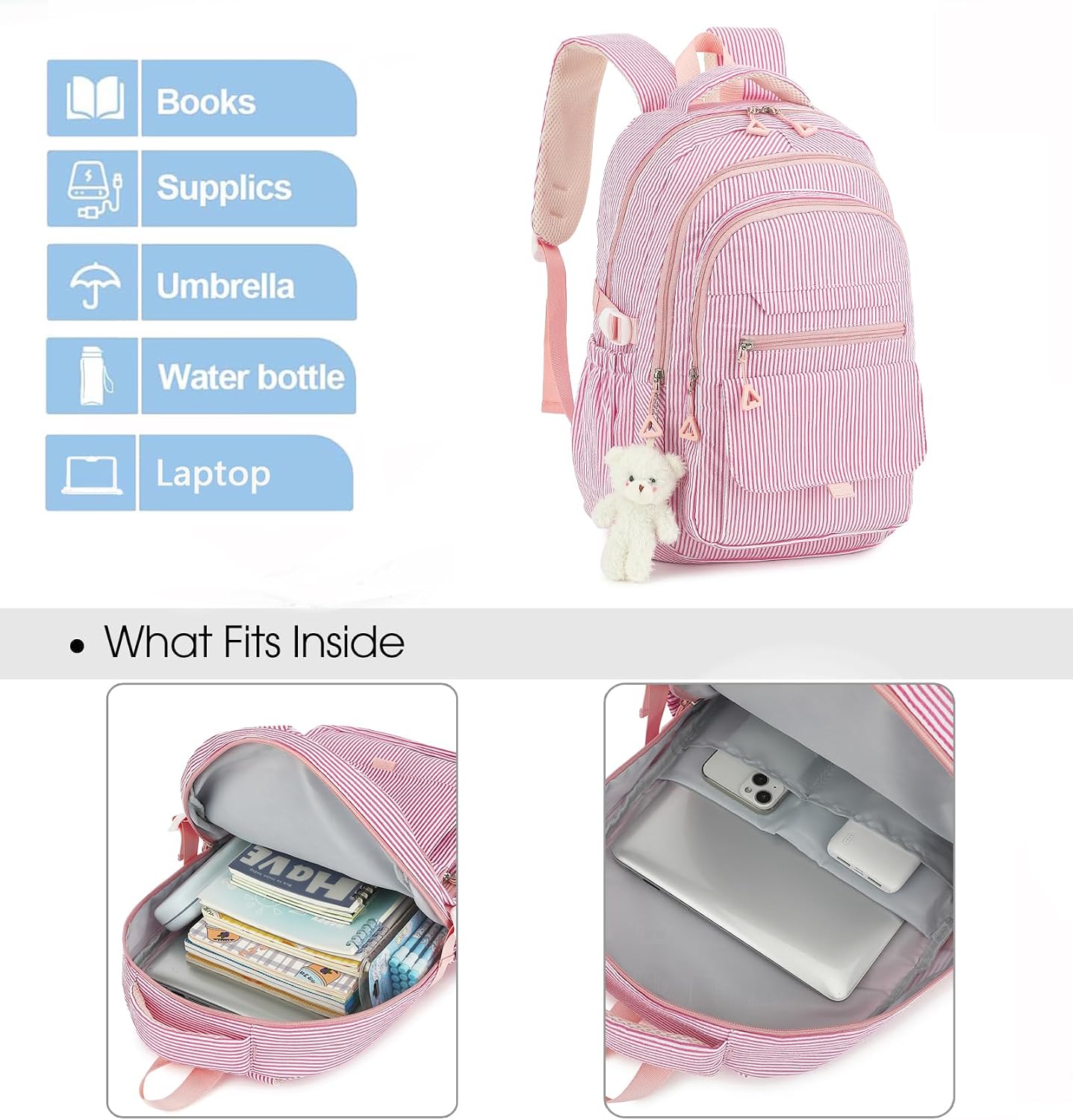 PRLINJSK Girls Backpack for College High Middle School Student, Cute Aesthetic Bookbag for Teens Women with Accessories thumbnail