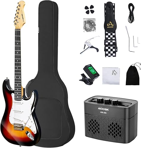 AODSK Guitarra eléctrica con amplificador para principiantes, cuerpo sólido de 39 pulgadas, recogida SSS, todos los accesorios, sintonizador