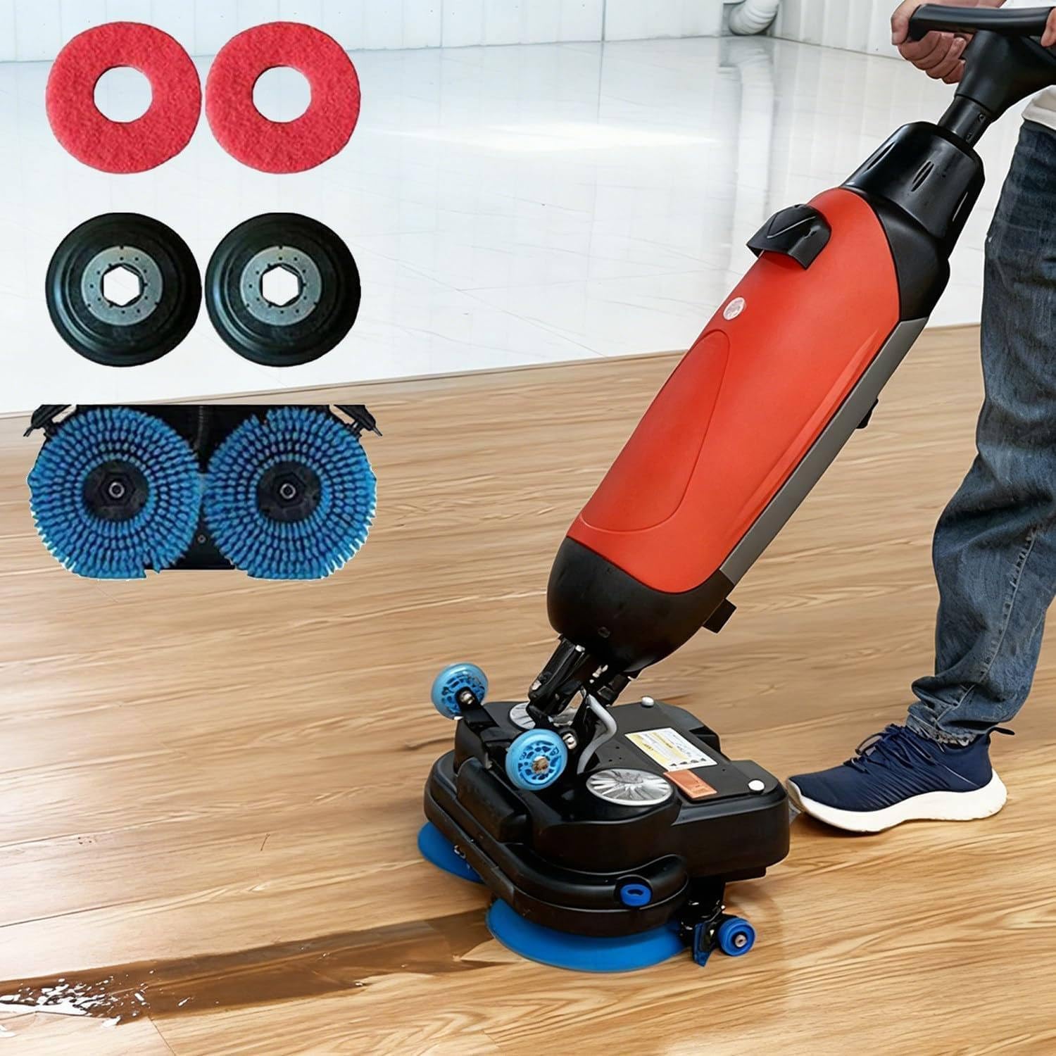 Portable Commercial Floor Scrubber - 16.9" Wide Cleaning Machine with 360° Rotary Double Brushes, 4.5L & 7.5L Dual Tanks, Ideal for Home, Office & Small Businesses