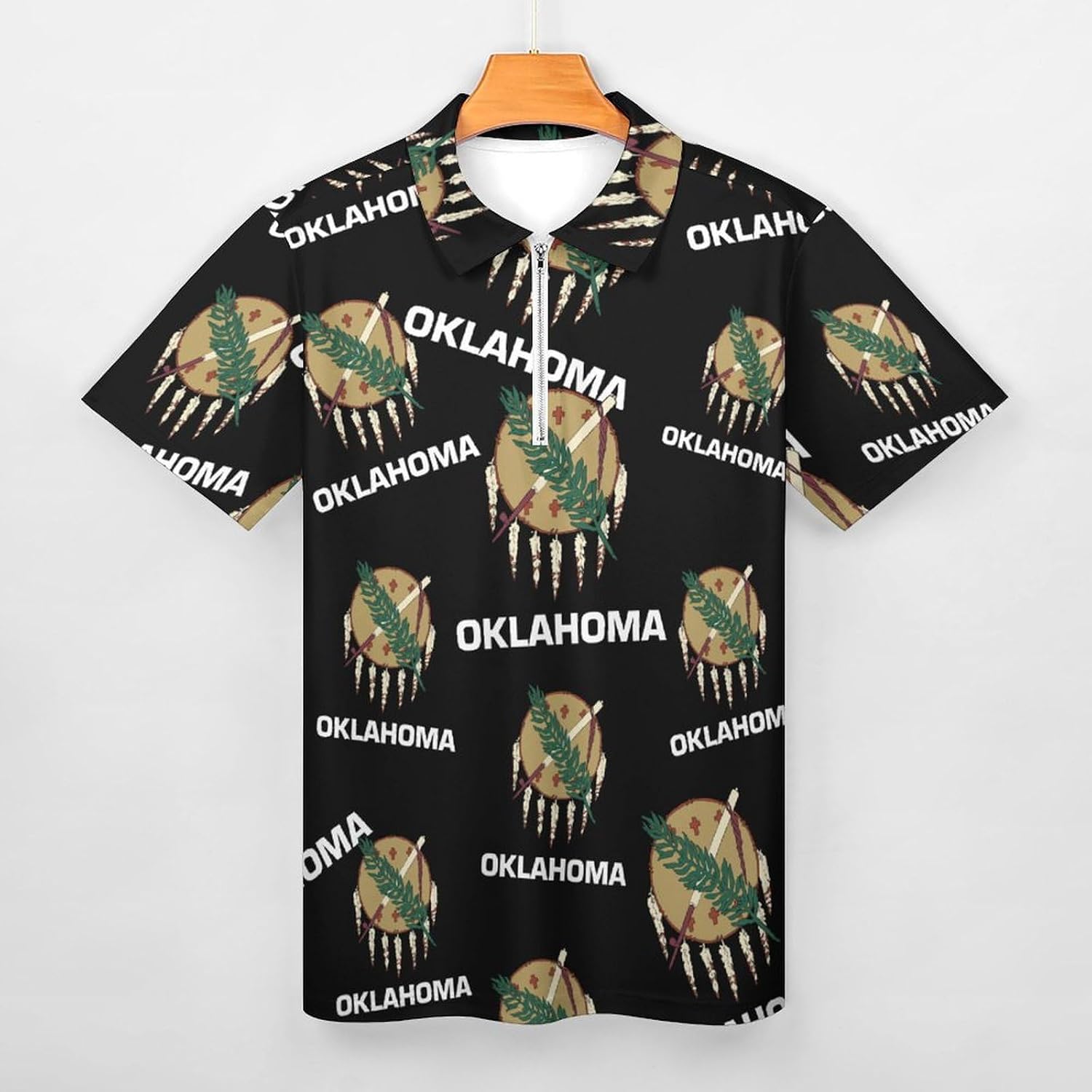 Oklahoma Flag Logo Polo Shirts for Men Short Sleeve Athletic Golf Tees Tops | Casual Summer Zippered V Neck Mens T-shirts Sports Quick Dry Tennis