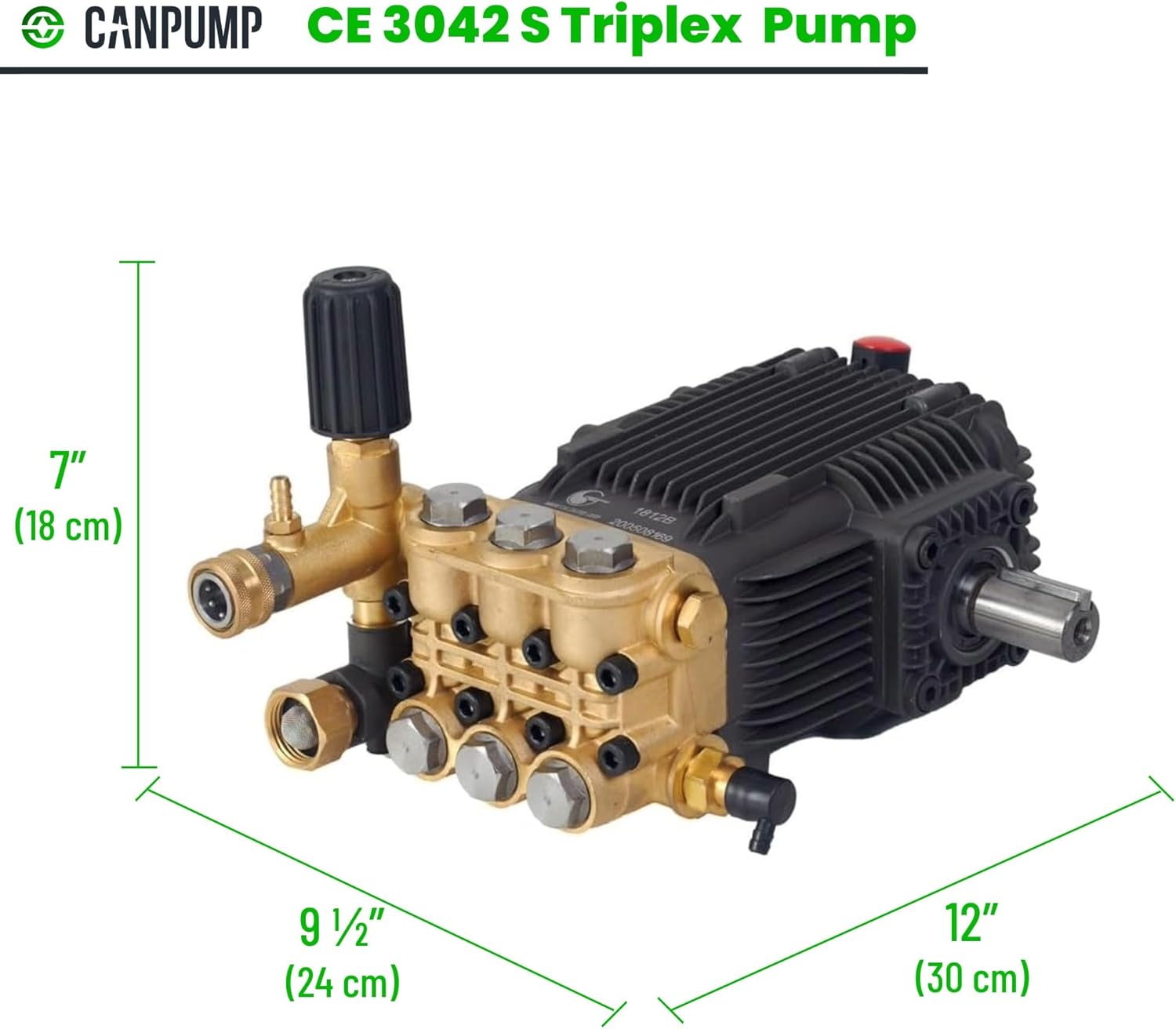 Canpump CE 3042 S: 3000 psi @ 4.3 US gpm Belt-Drive Pressure Washer Pump with External Unloader, 24 mm Solid Shaft, Max 1725 RPM, Horizontal Triplex Pump