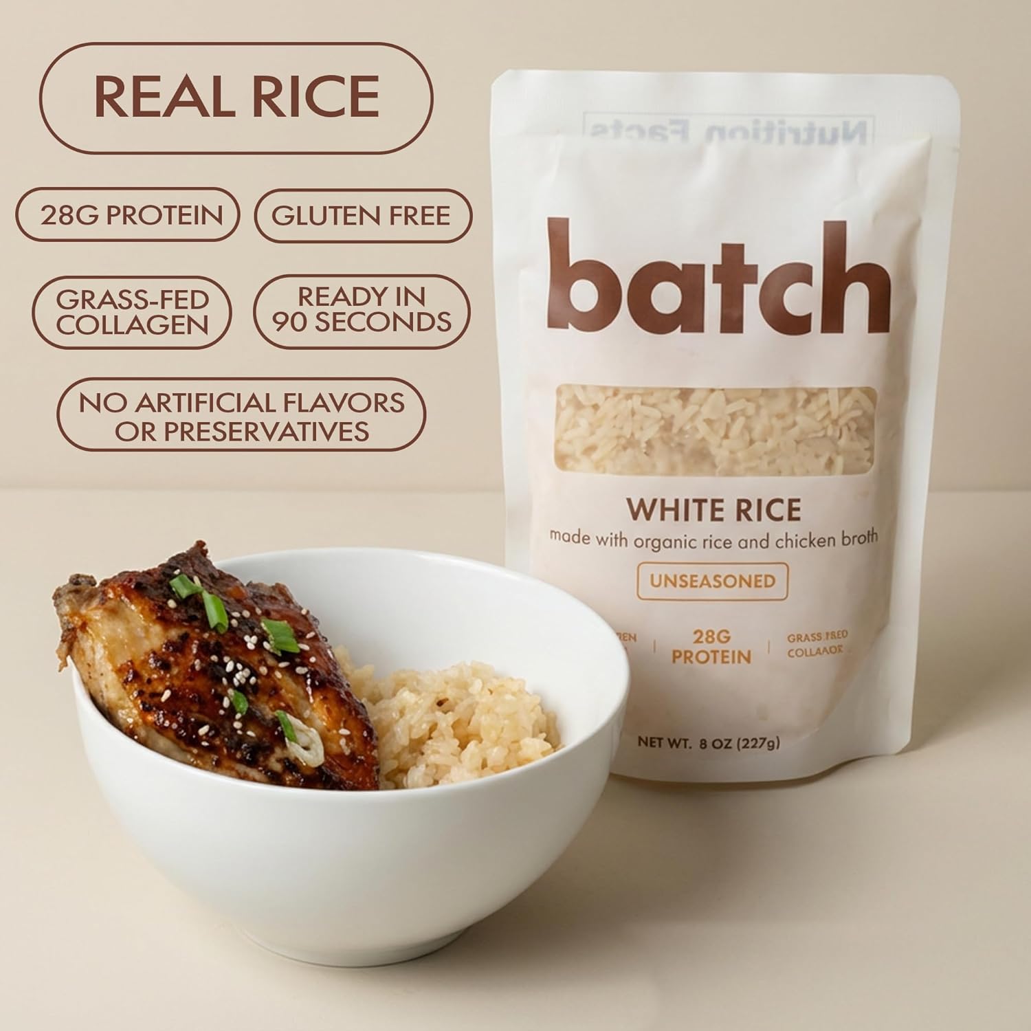 Batch – Organic Protein Rice with Collagen – 28g Protein per Bag, Ready in 90 Seconds, Microwavable Long-Grain White Rice, Grass-Fed Bovine Collagen, Gluten-Free, Made in USA – Unseasoned (8 Pack)