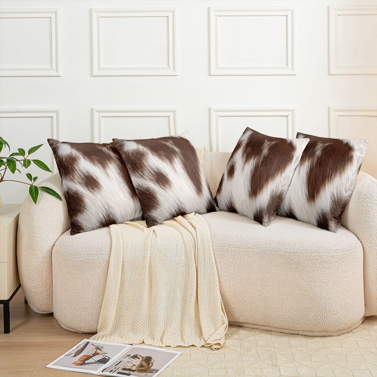 Cowhide Fur Throw Pillow Covers 24"x24" Set of 2 Soft Farm Animal Cow Skin Pillow Cases Cushion Covers For Living Room Bedroom Brown White Cow Hair Decorative Throw Pillowcases for Sofa Couch Chair