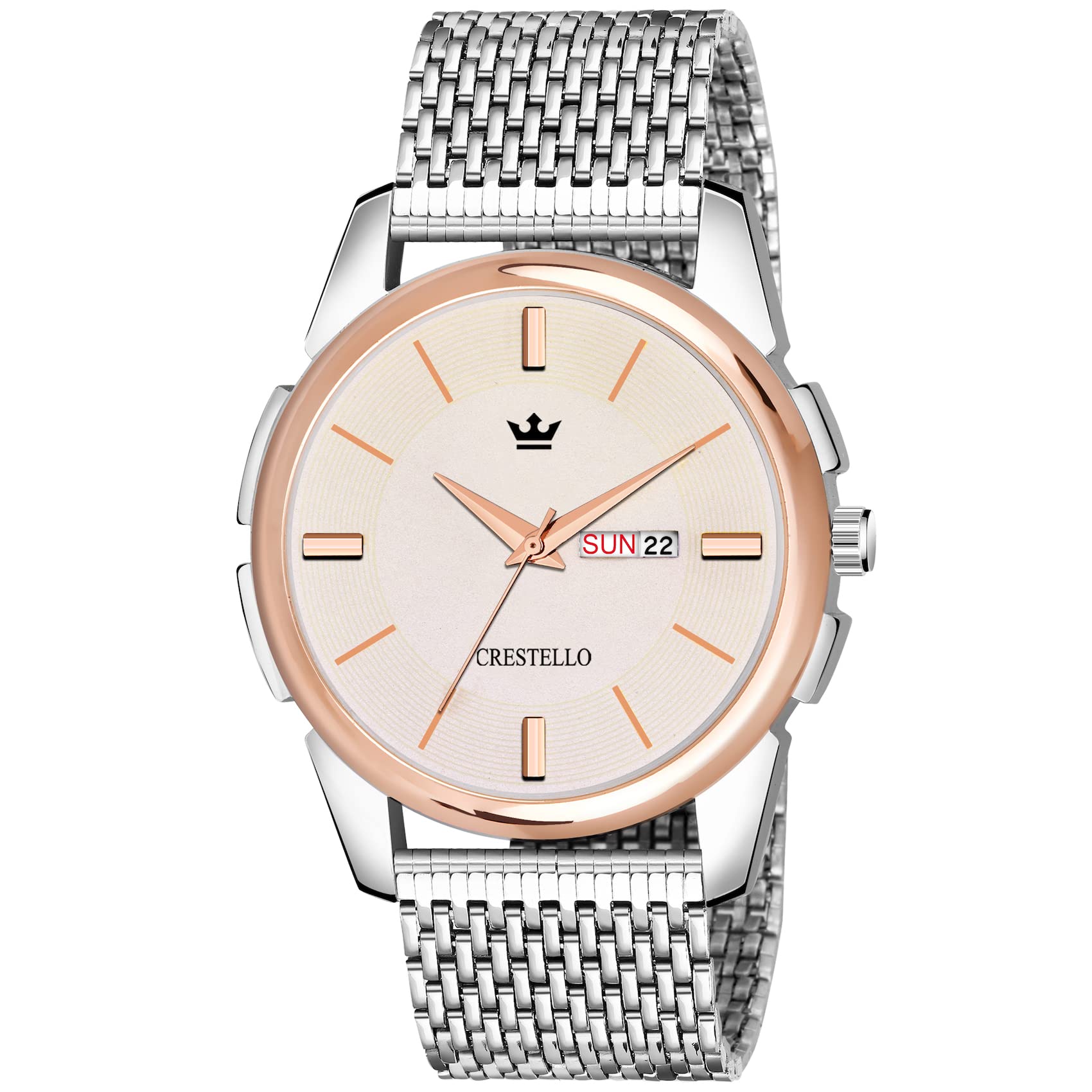Crestello Mesh Steel Chain Analog Wrist Watch for Men with Day & Date Display | CR010CP-CP-CH (B0B4BBVZVW) Amazon Price History, Amazon Price Tracker