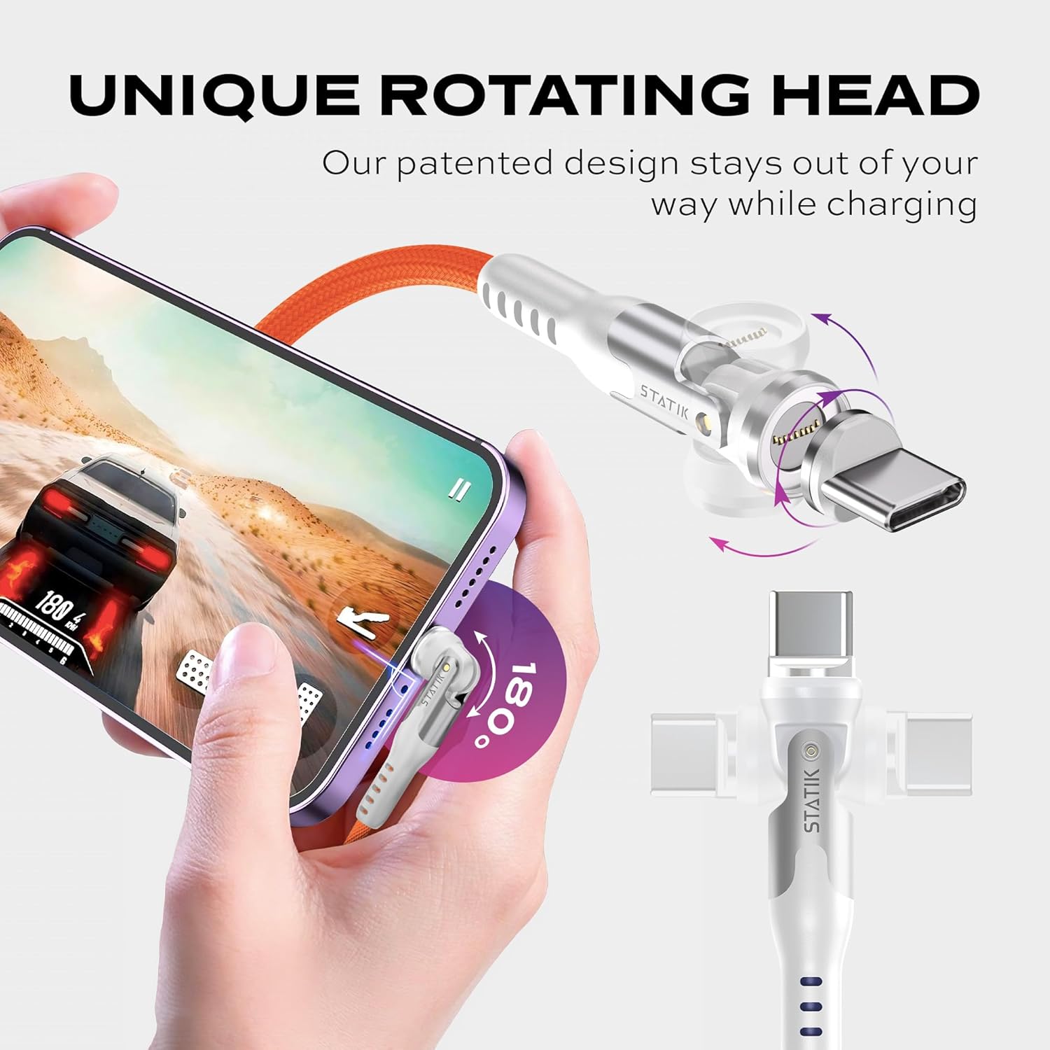 Phone charging with Statik 360 cable showing 180-degree rotation