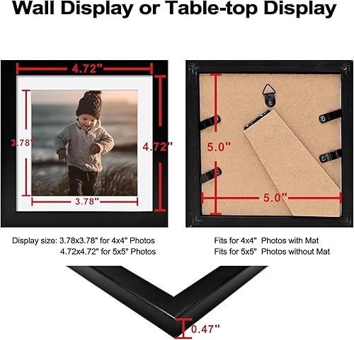 Miniatura 7 de KINLINK Portarretratos negros de 5 x 5, cuadrados con cristal real para fotos de 4 x 4 con paspartú o 5 x 5 sin paspartú, marcos de fotos de madera