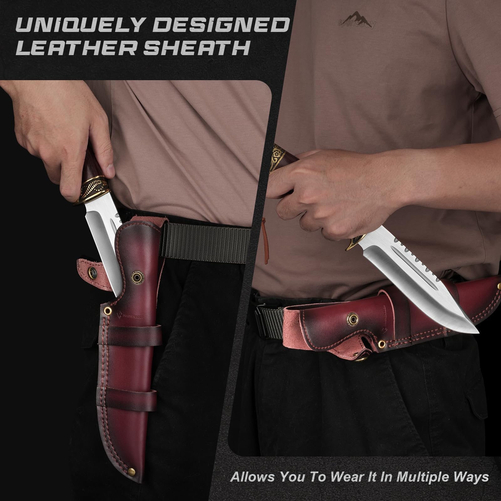 DRACHENADER coltello da caccia lama fissa Yu - Ln, 14,7cm lunghezza lama cintura con fodero in pelle, acciaio 5Cr14moV, manico in legno, campeggio sopravvivenza all'aperto