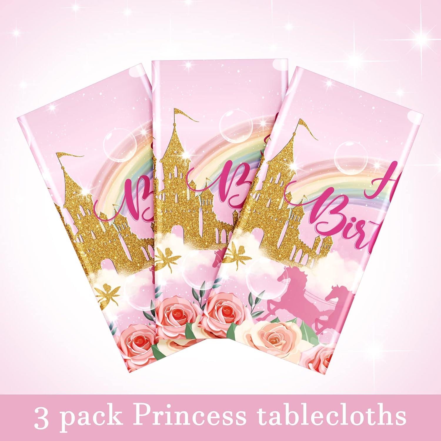 Oudain 3 Pack Princess Party Tablecloths Happy Birthday Princess Disposable Plastic Table Covers Unicorn Castle Rose Rectangular Table Cloths for Girls Women Birthday Party Decorations, 108 x 54 Inch