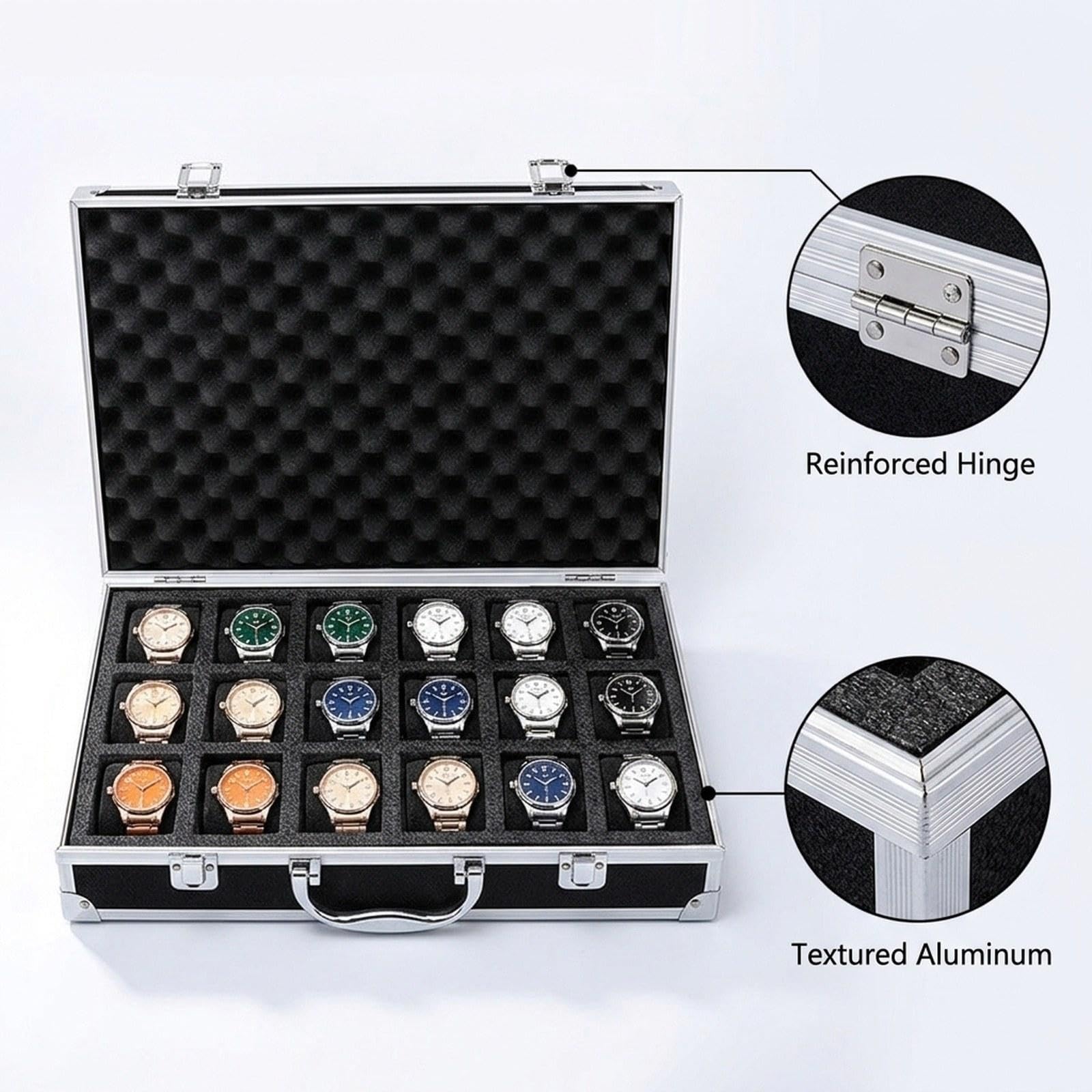 Amagogo Caja almacenamiento para relojes, estuche rígido aleación aluminio, estuche regalo para exhibición y colección, organizador para relojes, Negro, 18 Ranuras