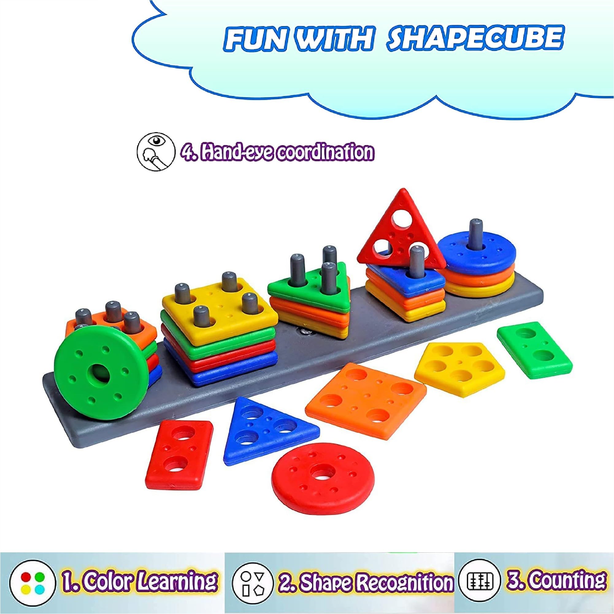 RAINBOW RIDERS Buy 1 Get 1 Combo (Plastic Shape Sorter Cube Block 9 Pcs Toy + Long Shape Stacker Puzzle Game) Multicolor Baby Activity Toys for Boys Girls 3,4,5,6+ Years 1